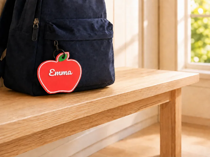 Red apple-shaped name tag with white lettering attached to a backpack