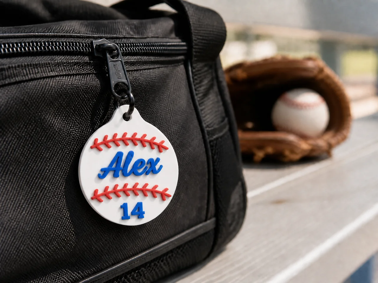 Personalized baseball charm with blue name and number lettering on a sports bag
