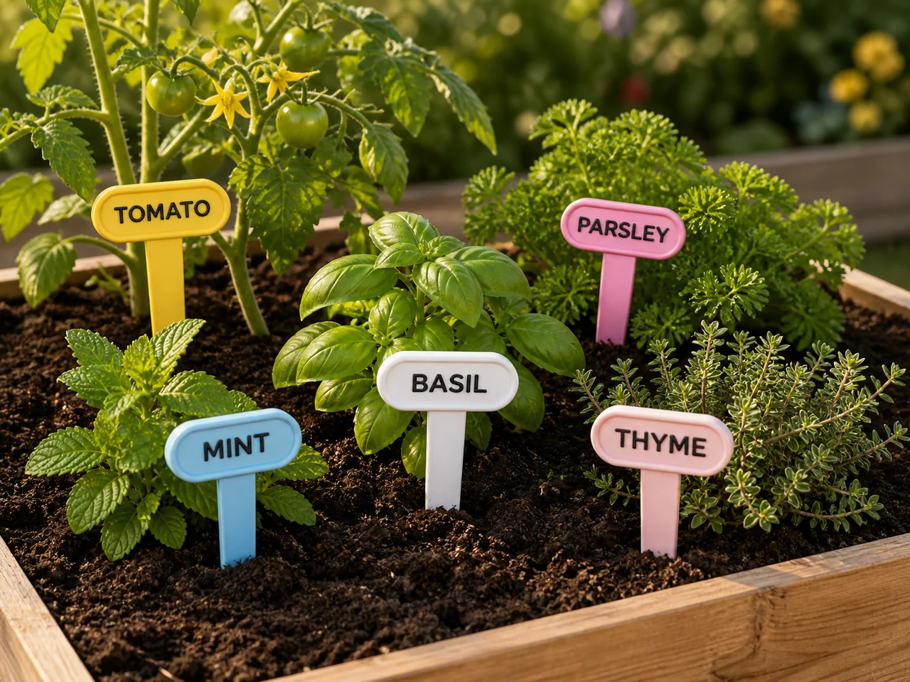 Colorful printed herb labels marking tomato, parsley, basil, mint and thyme