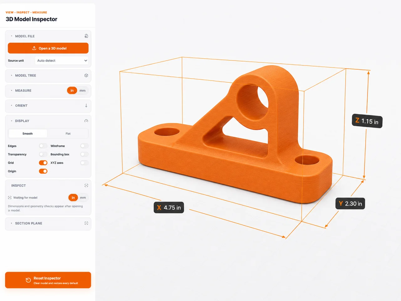 3D Model Inspector displaying an orange bracket with model dimensions