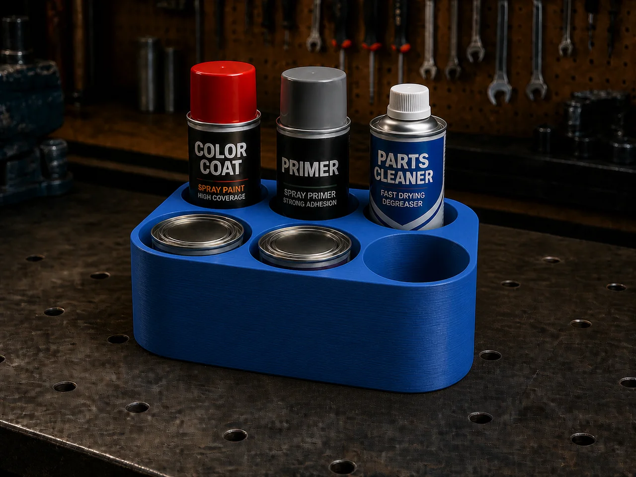 Blue modular can organizer holding spray cans on a workshop bench