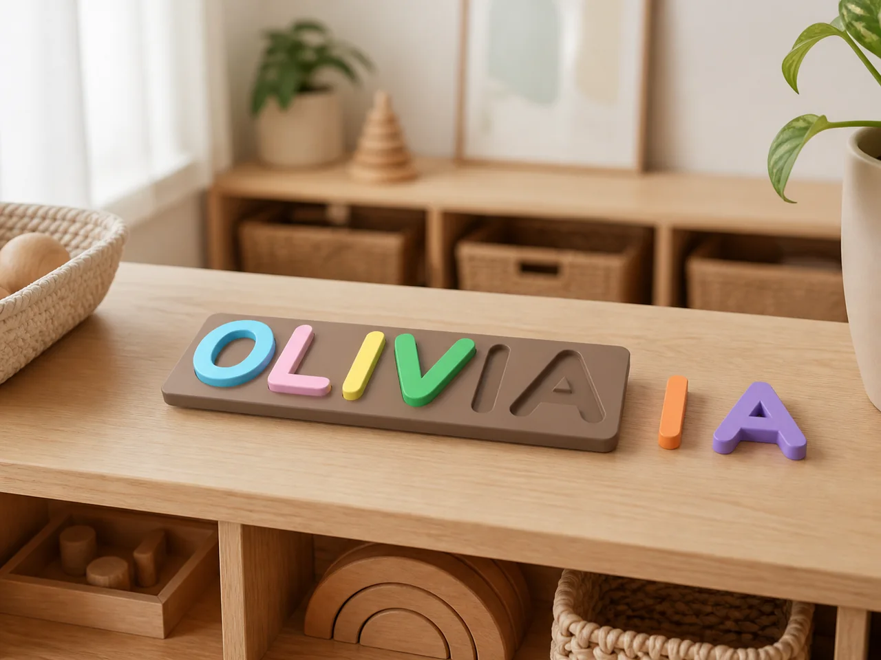 Personalized name puzzle with colorful removable letters on a wooden table