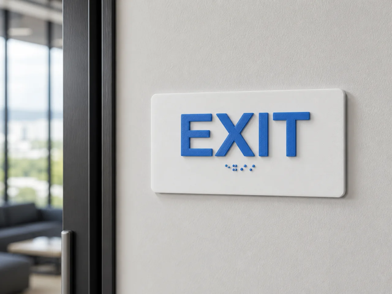 White EXIT nameplate with raised blue letters and Braille dots