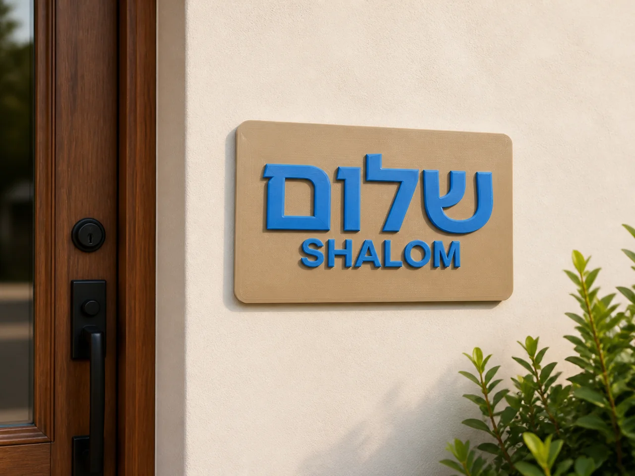 Hebrew nameplate with raised blue lettering and SHALOM beneath it