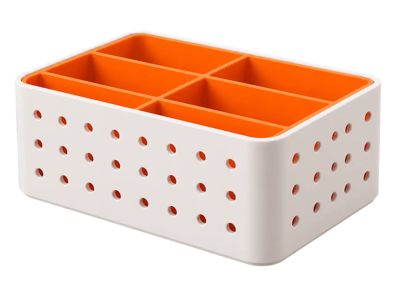 White perforated organizer box with a removable orange compartment insert