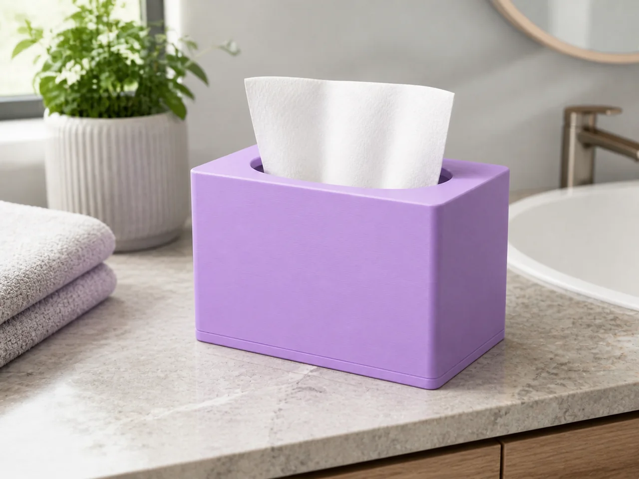 Purple rectangular paper towel holder on a bathroom counter