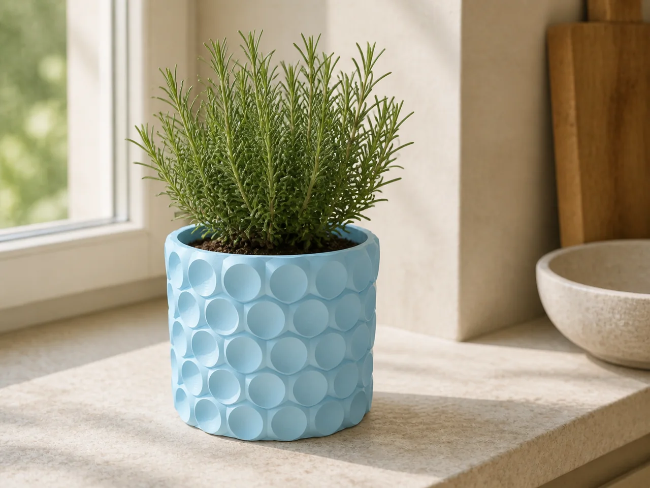 Pale blue pebble-textured planter holding a herb plant by a window