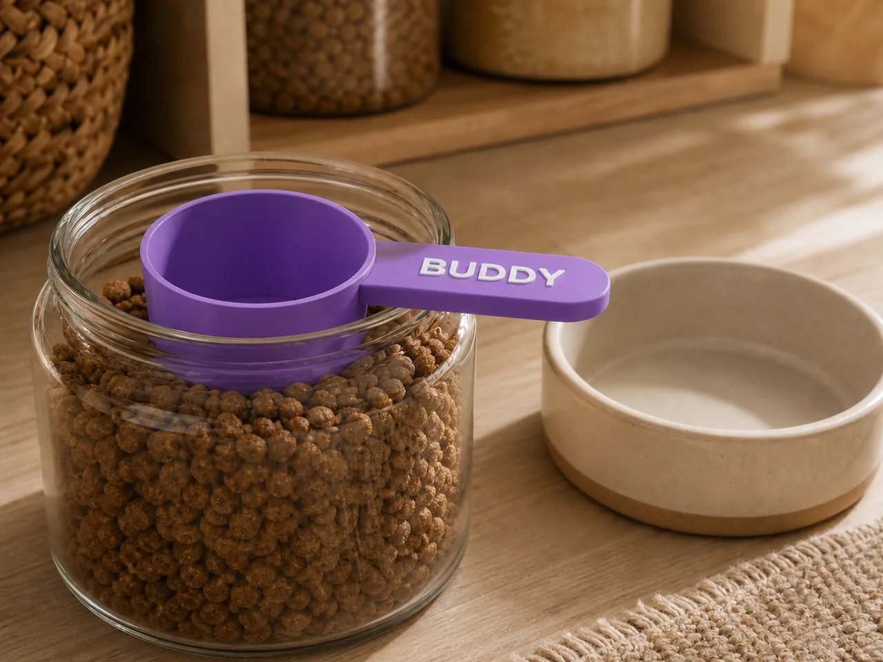 Purple personalized pet feeding scoop resting on a jar of kibble