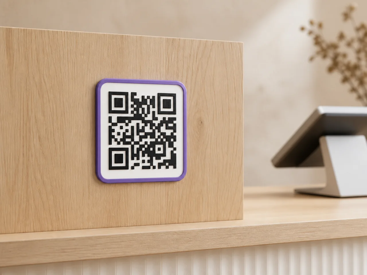 Purple-bordered QR code plaque mounted on a wooden counter