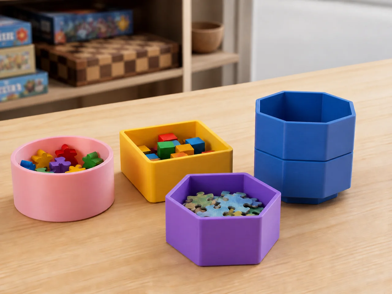 Round and polygonal colorful containers used for small-item storage