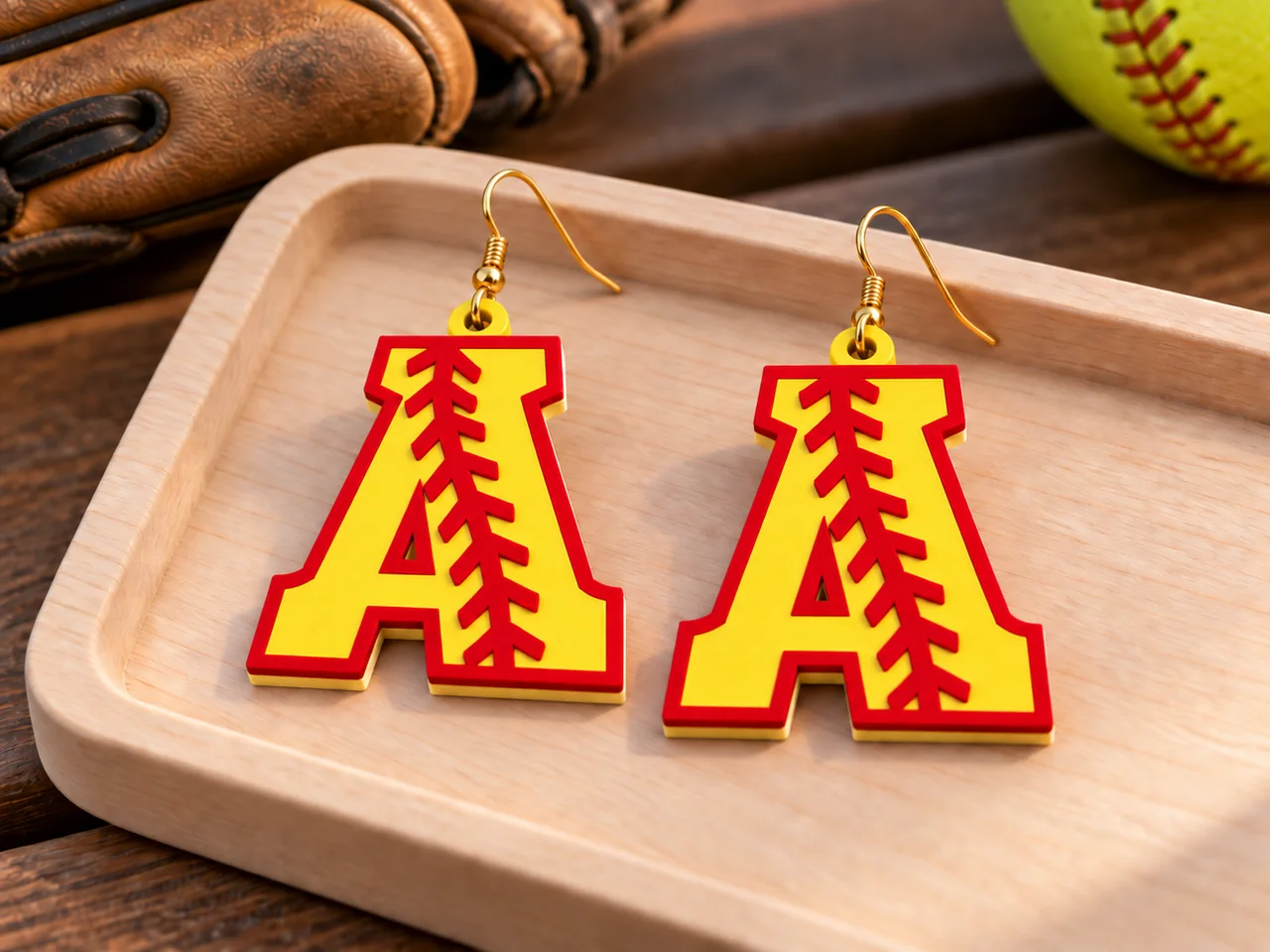 Pair of yellow softball-stitch letter A earrings on a wooden tray