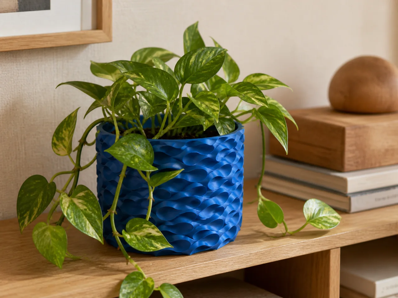 Blue spiral-wave planter holding a trailing plant on a wooden shelf