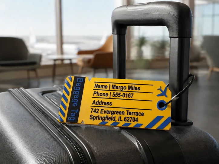 Blue and yellow personalized luggage tag attached to a suitcase