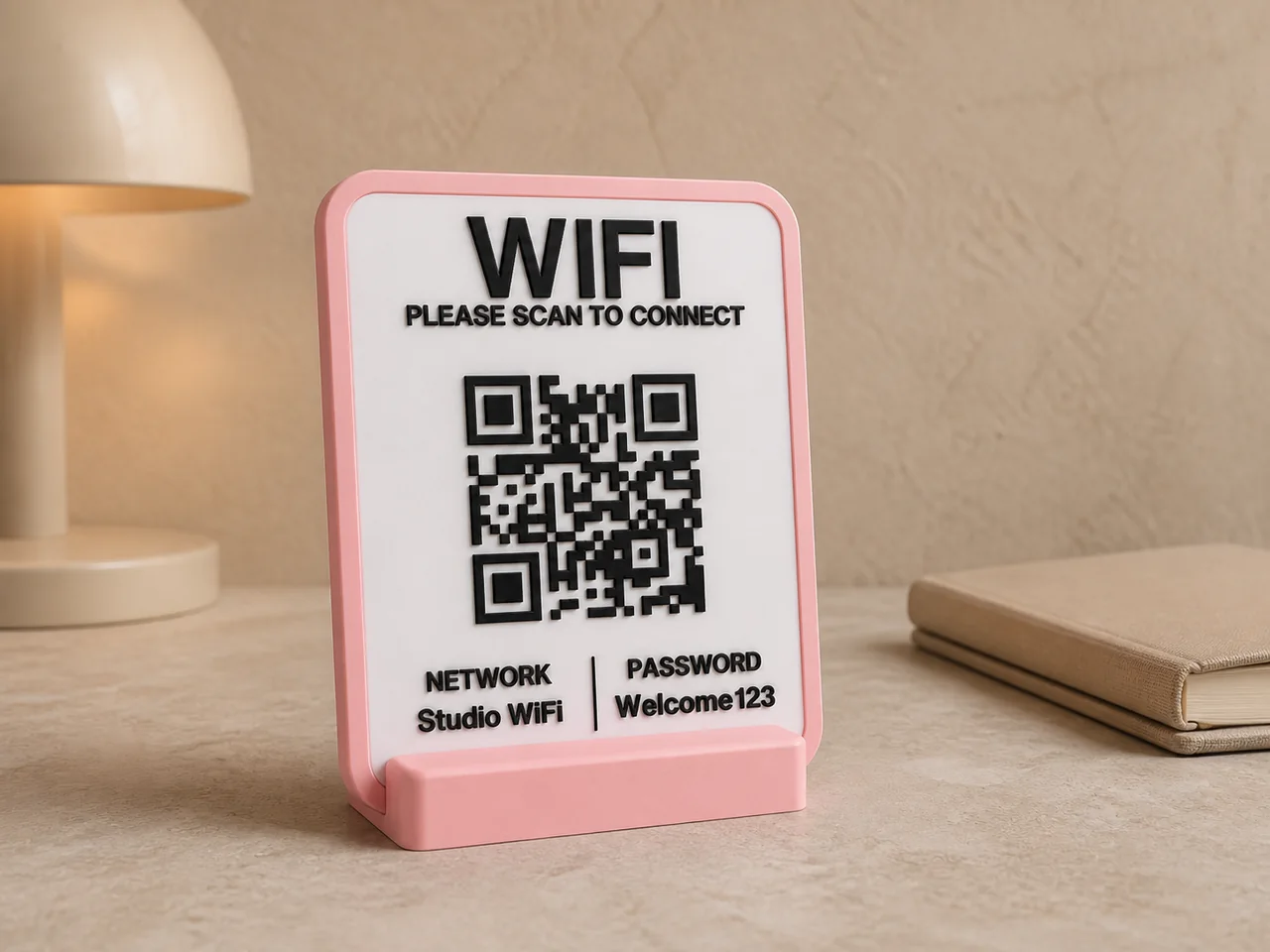 Pink freestanding Wi-Fi QR display with a fitted desktop base
