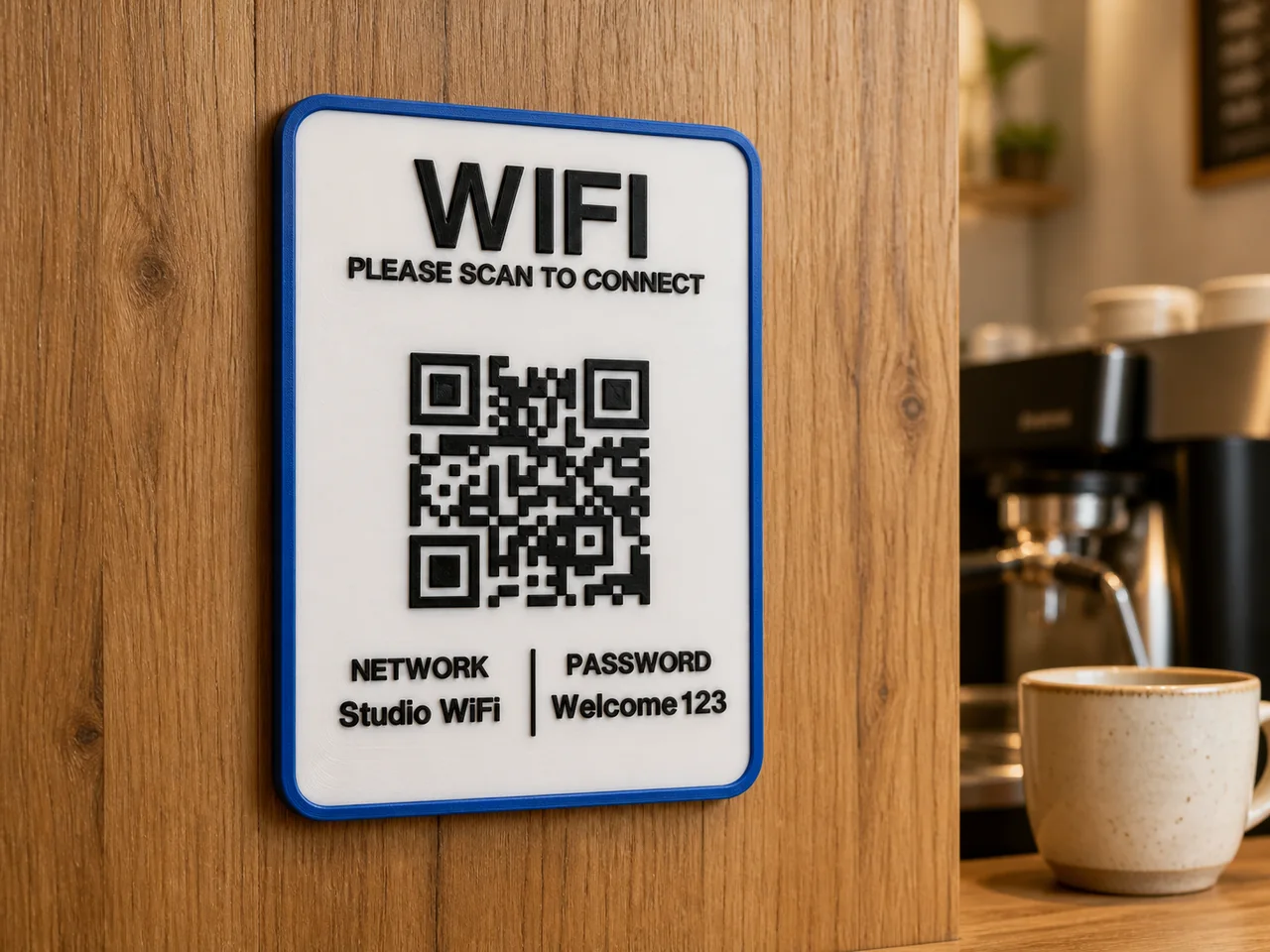 Blue-bordered Wi-Fi information plaque with a QR code on a wooden wall