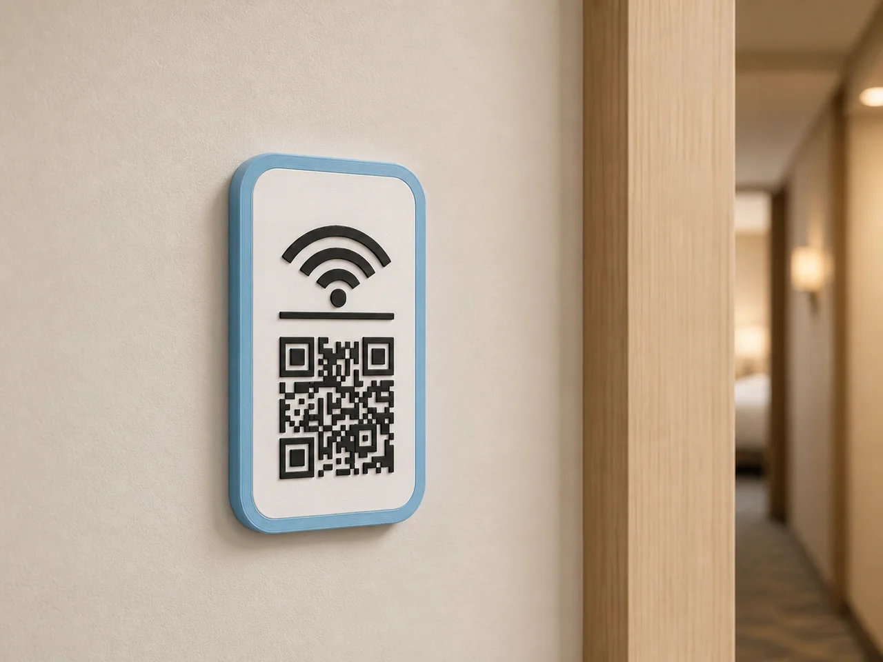 White Wi-Fi symbol and QR code plaque with a pale blue border