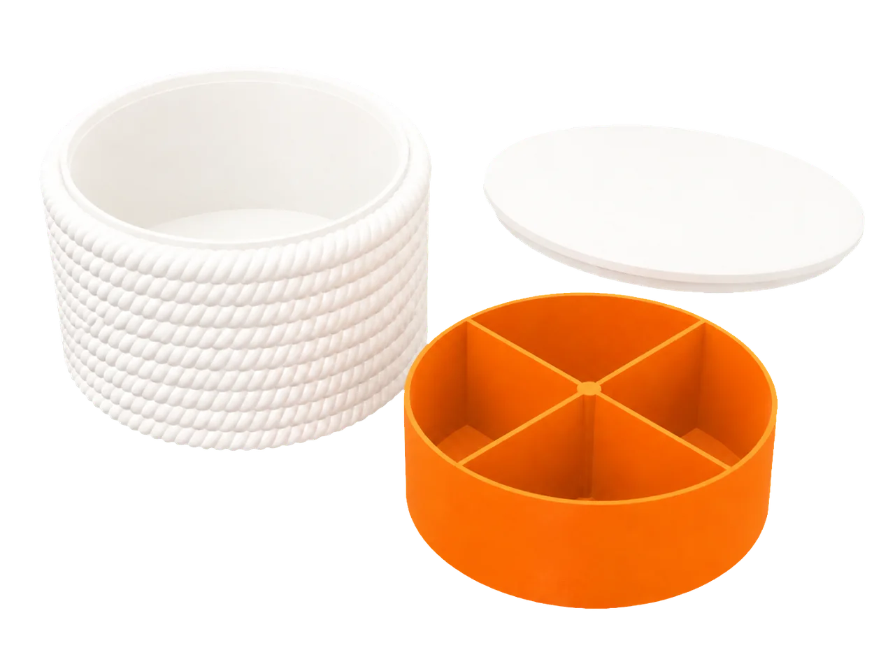 White rope-textured organizer with matching lid and orange compartment insert