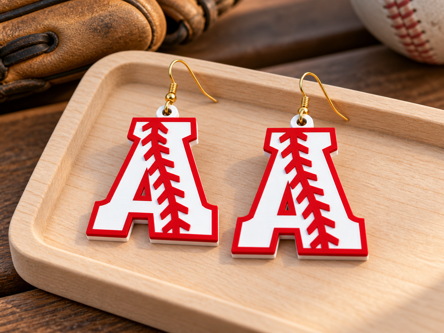 Pair of red-and-white baseball-stitch letter A earrings on a wooden tray